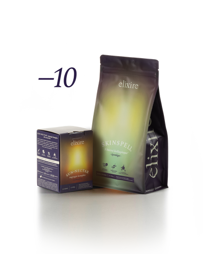 SUN◆NECTAR: ragyogás komplex + SKINSPELL: 3 bázisú kollagénpor⁺ bundle